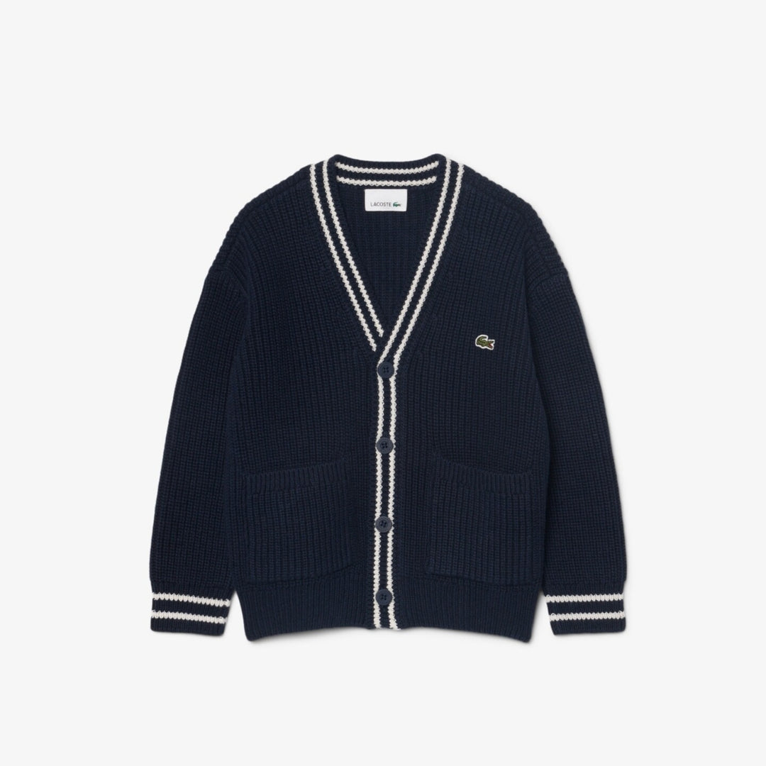 Cardigan misto lana da bambino com bottoni e profilo e logo a contrasto 
