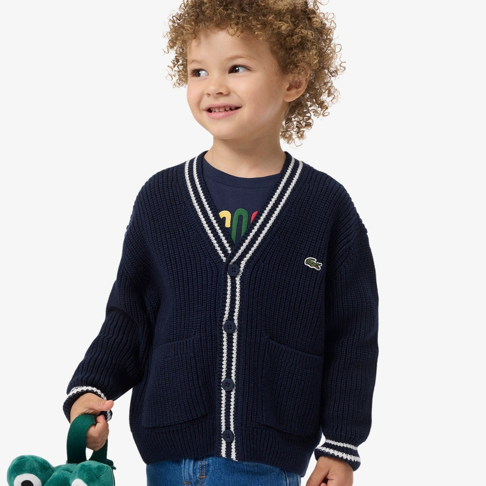 Cardigan misto lana da bambino com bottoni e profilo e logo a contrasto 