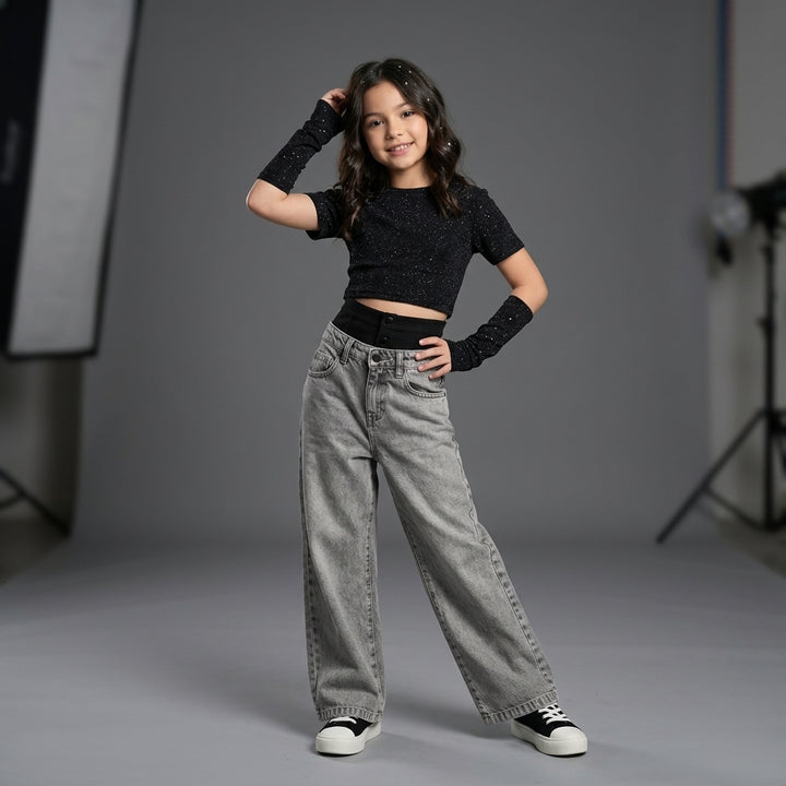 Jeans da bambina fit comodo largo con doppio bustino in tessuto elastico 