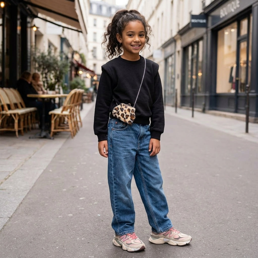 Felpa da bambina girocollo comoda con pochette animalier 