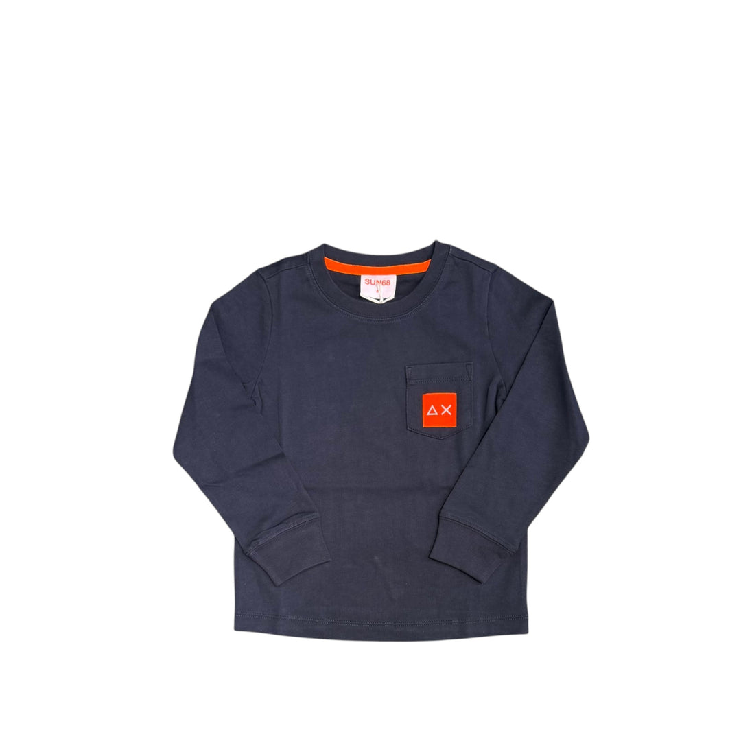 T-shirt da bambino in cotone con logo manica lunga e taschino con logo 