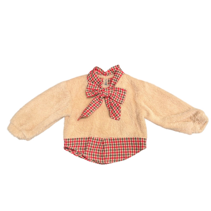 Maglia effetto lana da bambina effetto peluche con inserti in tessuto camicia 