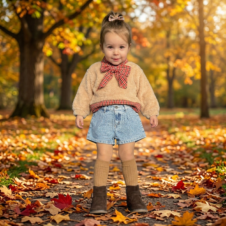 Maglia effetto lana da bambina effetto peluche con inserti in tessuto camicia 