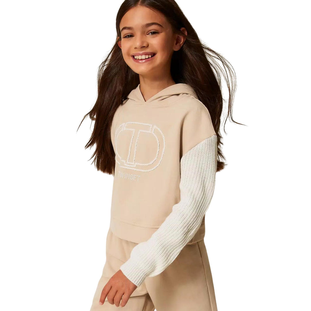 Felpa da bambina con cappuccio logo e maniche in misto lana GJ206ABEIGE TWIN-SET