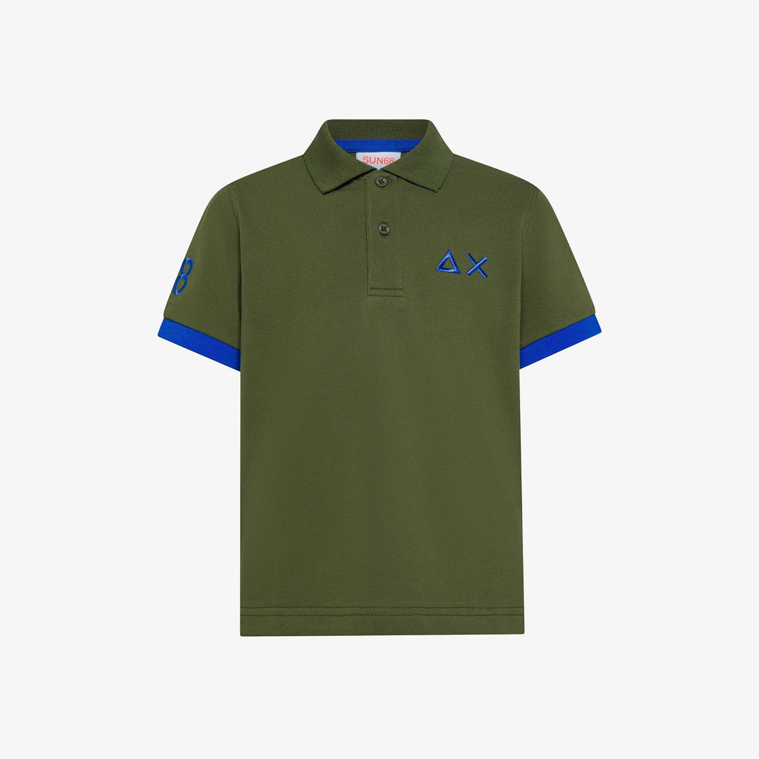 Polo da bambino in piquet di cotone elastico con profili fluo e macrologo A36321MILITARE SUN 68