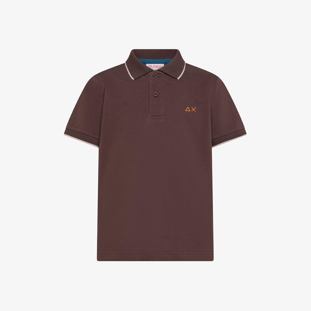 Polo da bambino in piquet di cotone elastico con profilo sottile su collo e maniche A36311KMARRONE SUN 68