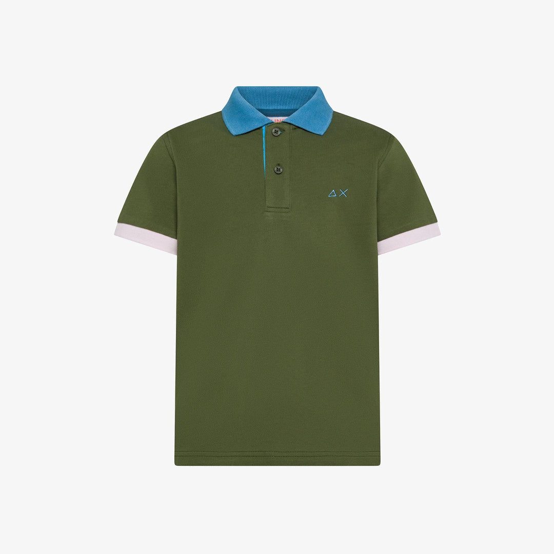 Polo da bambino in piquet di cotone elastico con profili a contrasto 3 colori A36316KMILITARE SUN 68