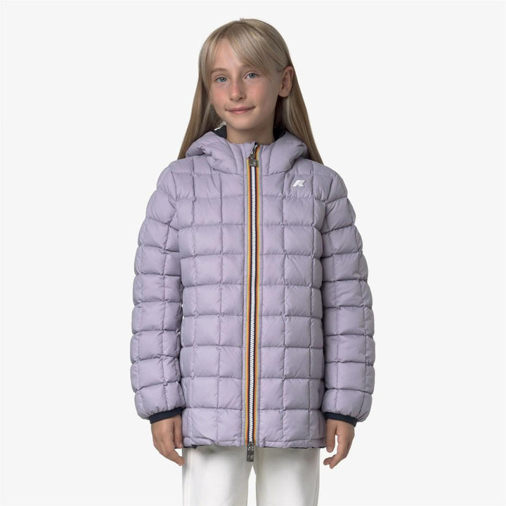 Giubbino da bambina lunghezza 3/4 Sophie thermo reversibile in tessuto tecnico con imbottitura in piuma e piumino d'anatra vestibilità comoda K5123RWKBBJ K-WAY