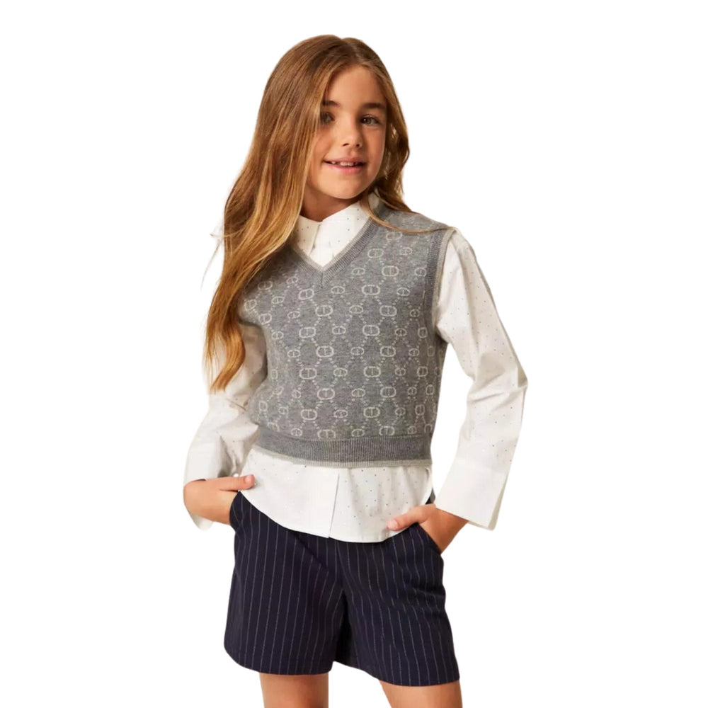 Maglia misto lana da bambina scollo a v corto con logo all over GJ3023GRIGIO TWIN-SET