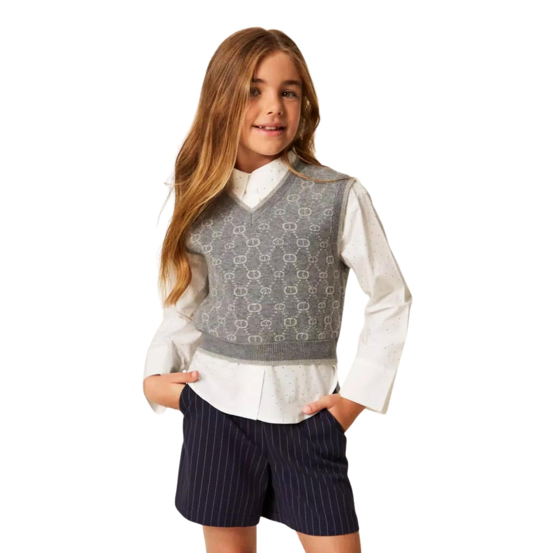 Maglia misto lana da bambina scollo a v corto con logo all over GJ3023GRIGIO TWIN-SET