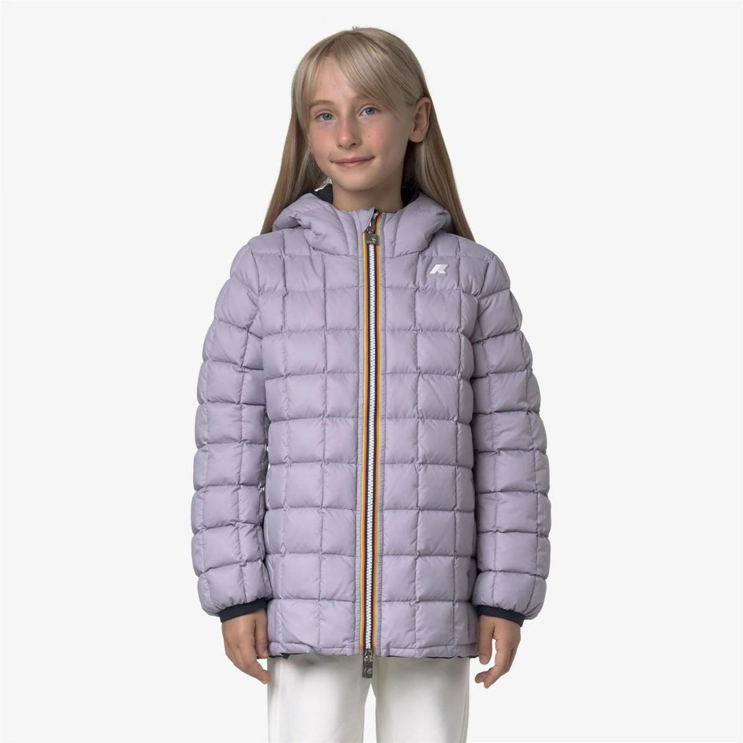 Giubbino da bambina lunghezza 3/4 Sophie thermo reversibile in tessuto tecnico con imbottitura in piuma e piumino d'anatra vestibilità comoda K5123RWJBBJ K-WAY