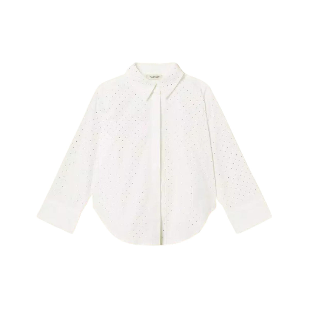 Camicia da bambina taglio uomo in cotone con strass applicati GJ2330PANNA TWIN-SET