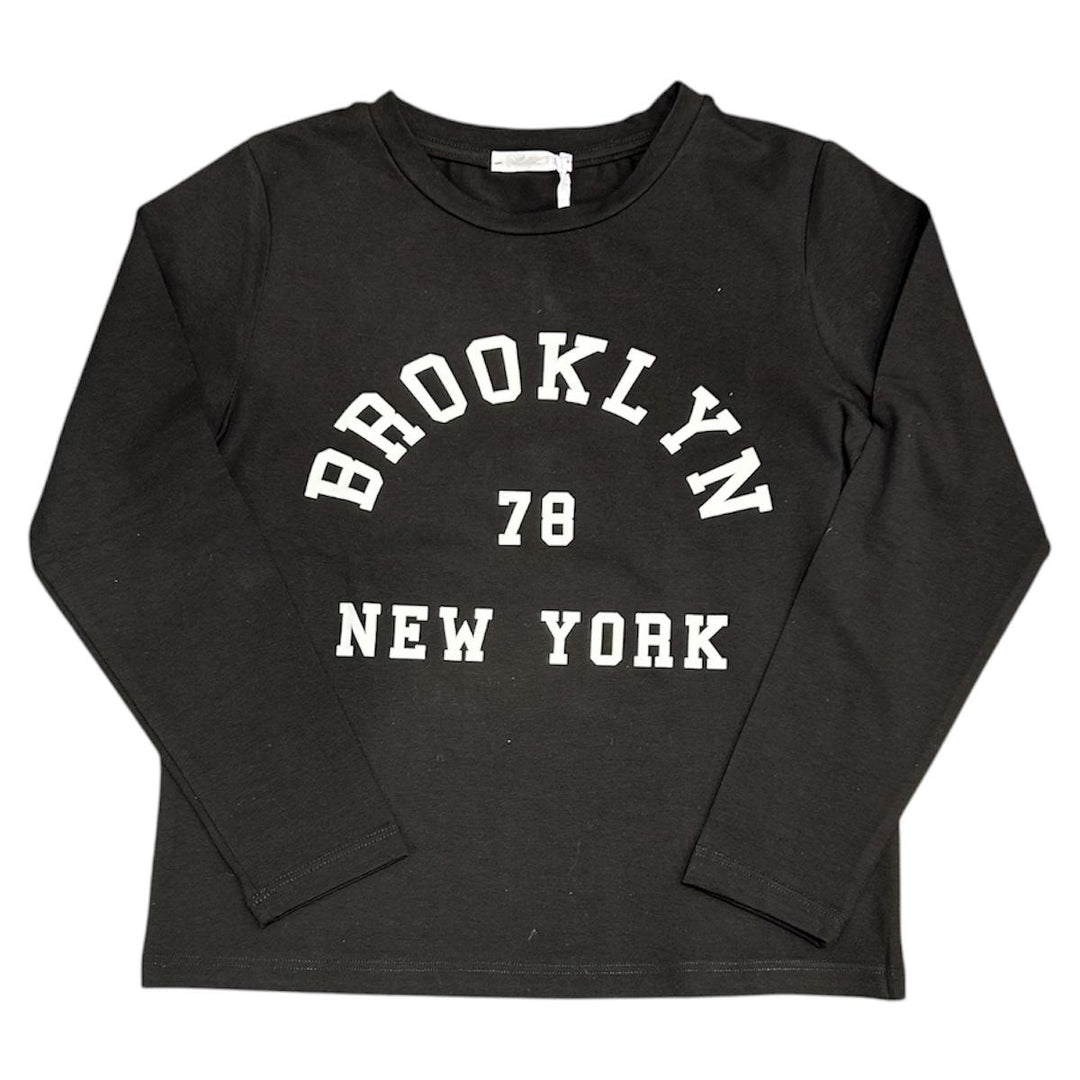 T-shirt da bambina in cotone manica lunga con stampa broklin LL4105NERO LULU' BY MISS GRANT