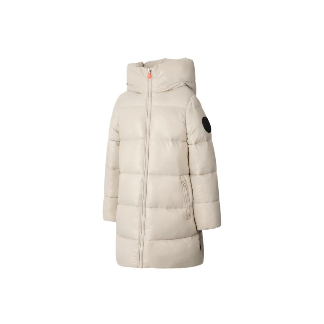 Giubbino da bambina Millie lungo in tessuto lucido tecnico imbottito in ecopiuma, grado di calore caldo con cappuccio MILLIEJBEIGE SAVE THE DUCK