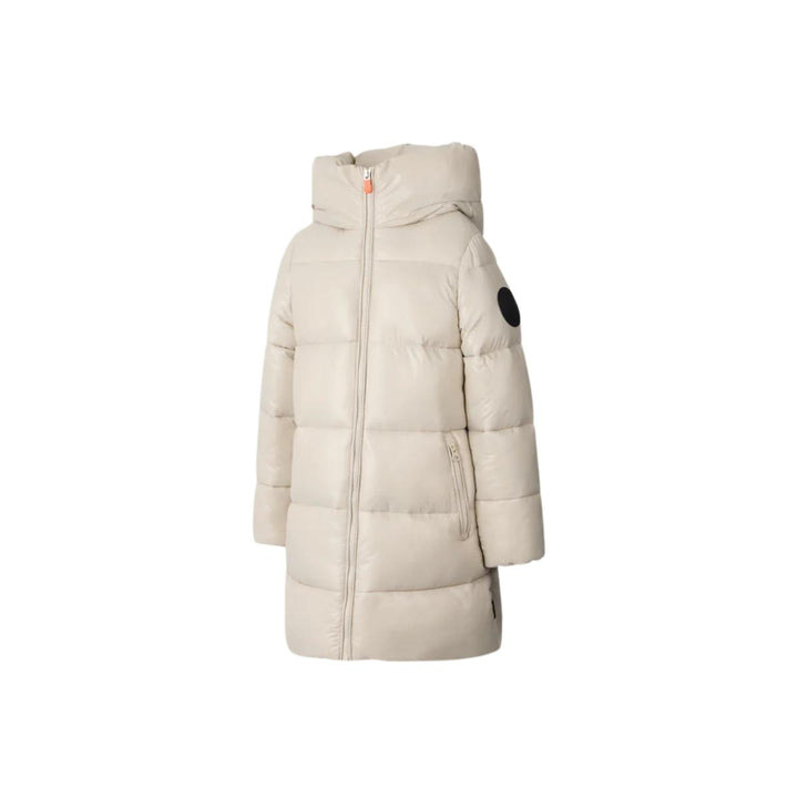 Giubbino da bambina Millie lungo in tessuto lucido tecnico imbottito in ecopiuma, grado di calore caldo con cappuccio MILLIEJBEIGE SAVE THE DUCK