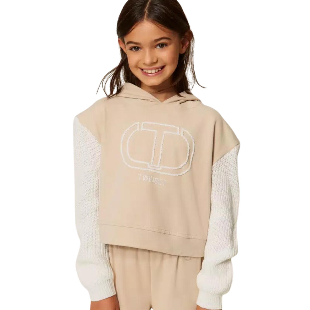 Felpa da bambina con cappuccio logo e maniche in misto lana GJ206ABEIGE TWIN-SET