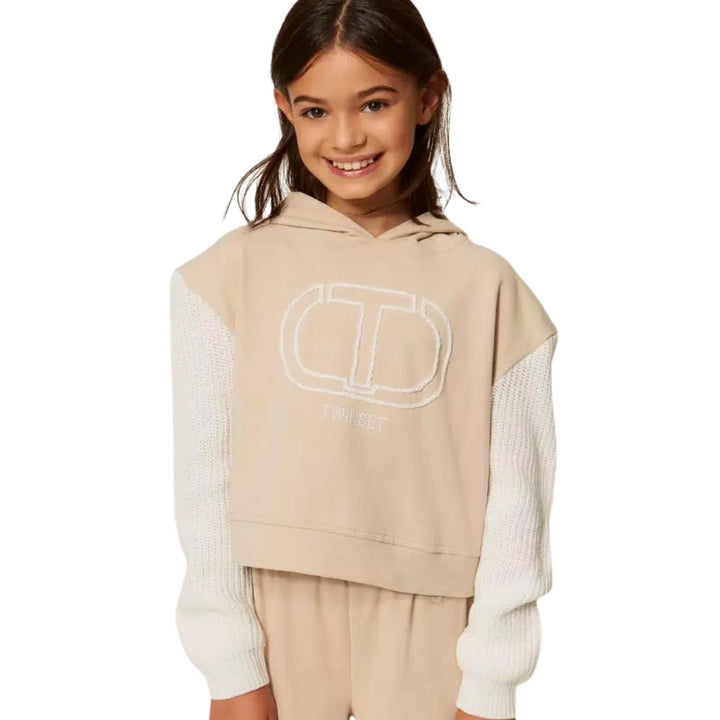 Felpa da bambina con cappuccio logo e maniche in misto lana GJ206ABEIGE TWIN-SET