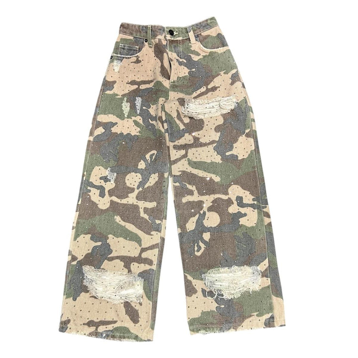 Jeans da bambina over fantasia mimetica con strass LL4010MILITARE LULU' BY MISS GRANT