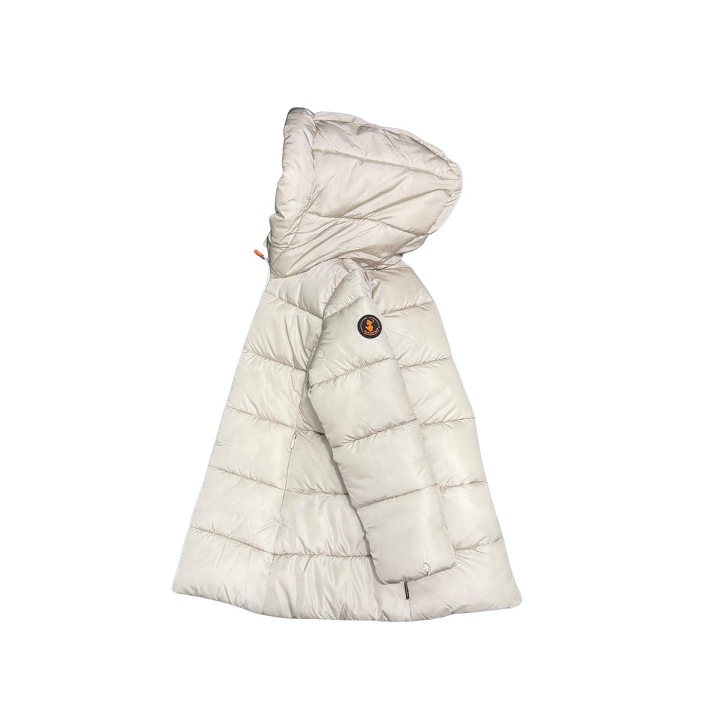 Giubbino da bambina Ginny lungo in tessuto tecnicovimbottito in ecopiuma, grado di calore caldo con cappuccio GINNYKBEIGE SAVE THE DUCK