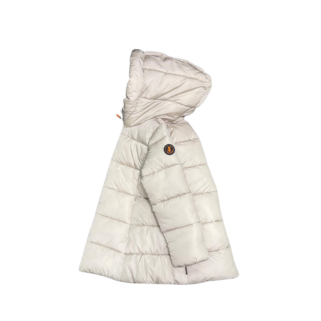 Giubbino da bambina Ginny lungo in tessuto tecnicovimbottito in ecopiuma, grado di calore caldo con cappuccio GINNYKBEIGE SAVE THE DUCK