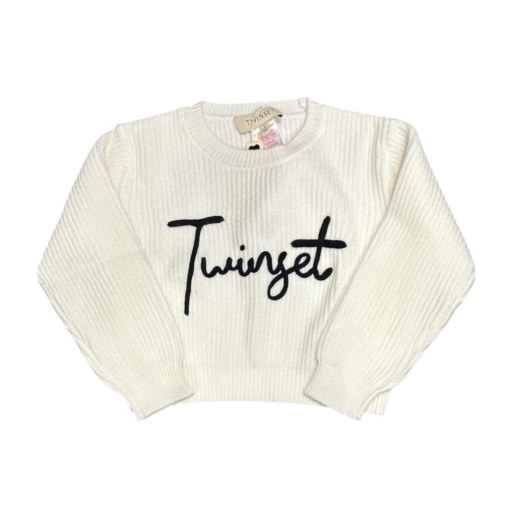 Maglia misto lana da bambina a coste con ricamo logo GB3040PANNA TWIN-SET