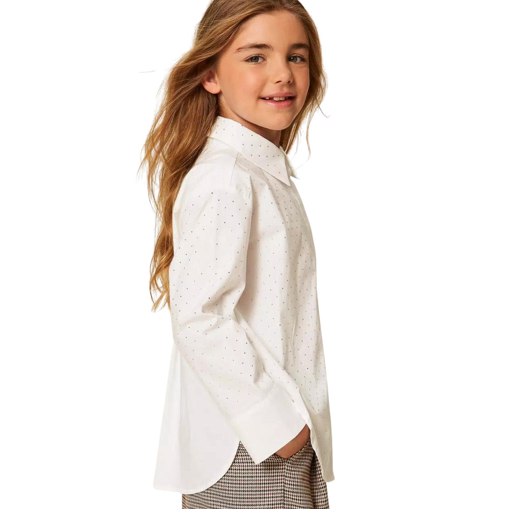 Camicia da bambina taglio uomo in cotone con strass applicati GJ2330PANNA TWIN-SET