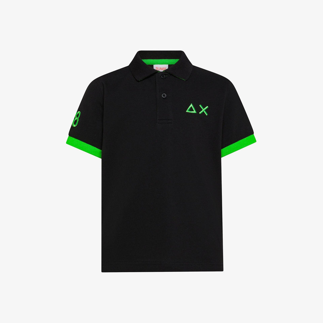 Polo da bambino in piquet di cotone elastico con profili fluo e macrologo A36321JNERO SUN 68