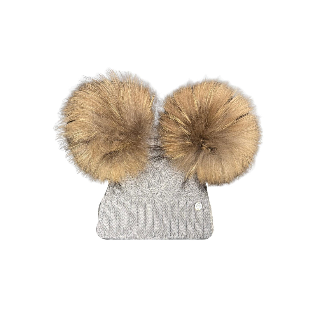 Cappello da bambini in misto lana lavorazione a trecce con doppio ponpon in pelliccia vero Marmasky CT0228A2GRIGIO GIO HIGUAMY