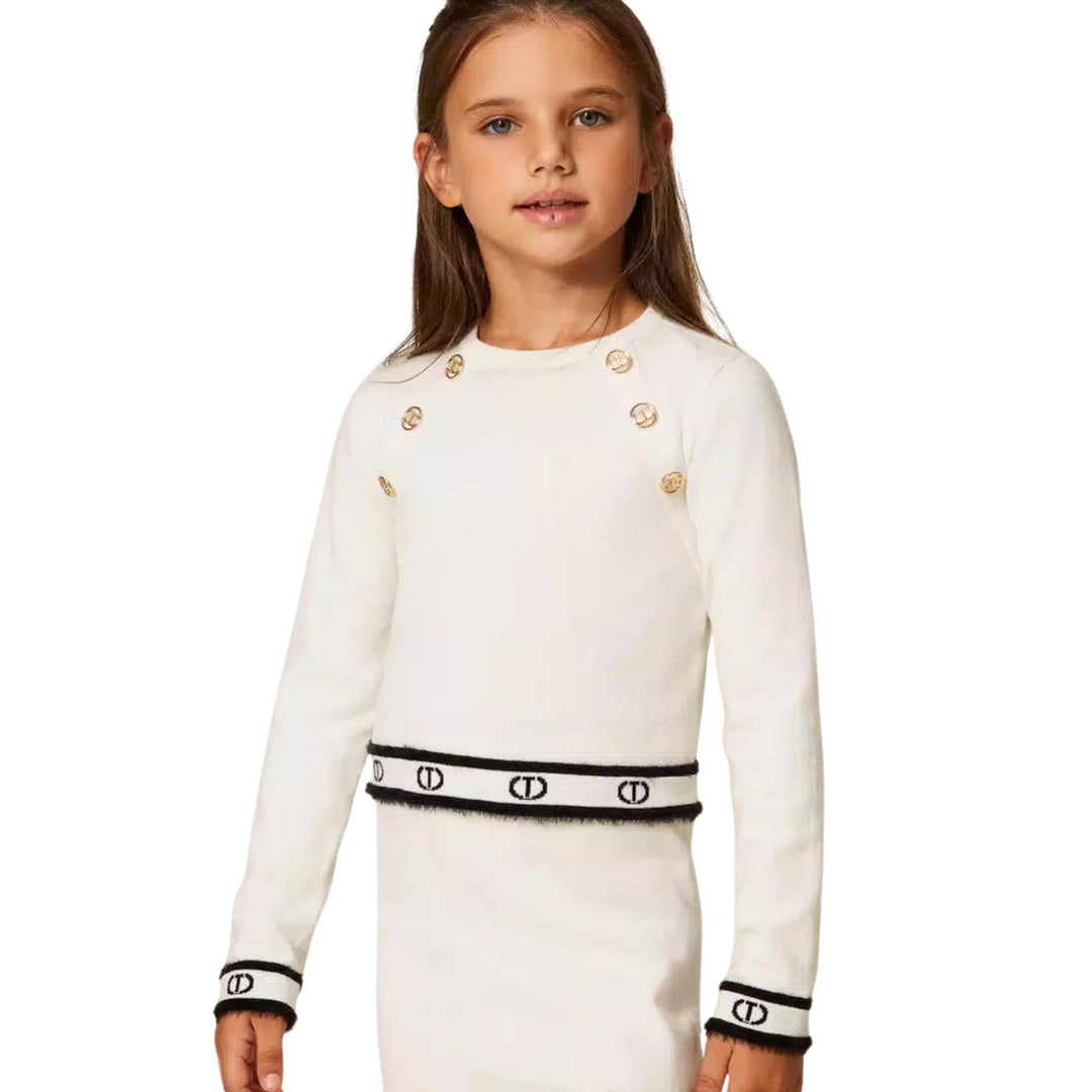 Maglia misto lana da bambina corta con elastico e logo GJ3073PANNA TWIN-SET