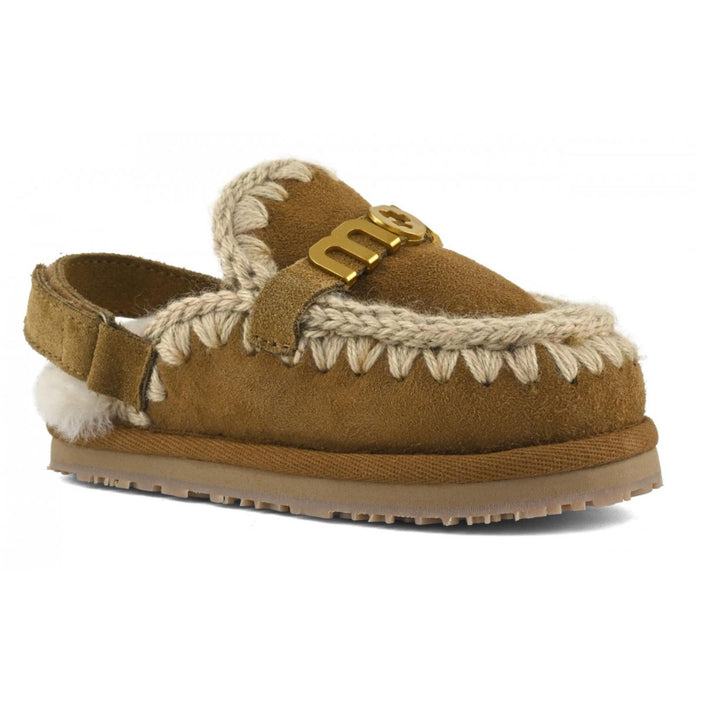 Slippers da bambino in camoscio con strappo posteriore e imbottito in pelliccia SLIPPERS CON STRAPPOJCOGNAC MOU