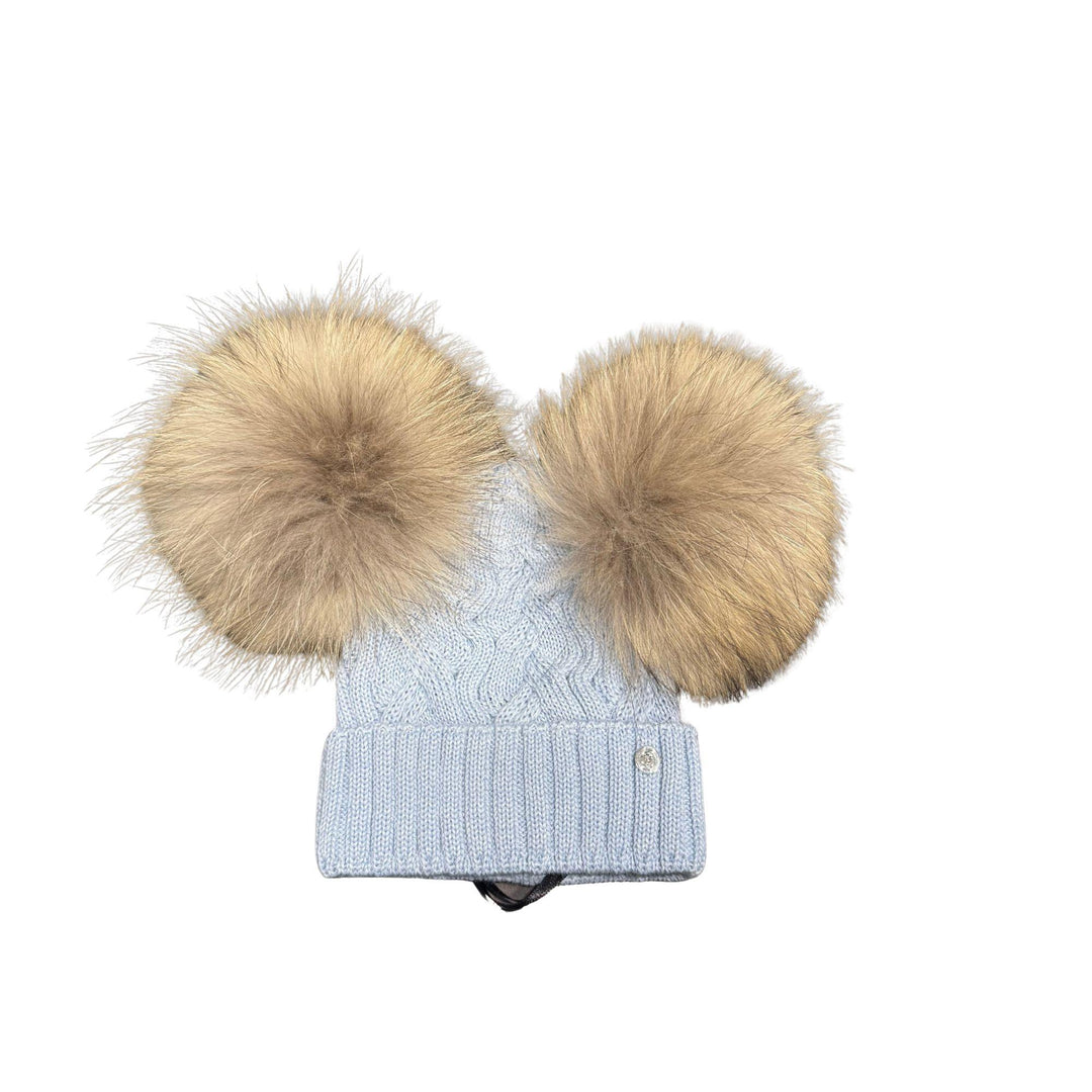 Cappello da bambini in misto lana lavorazione a trecce con doppio ponpon in pelliccia vero Marmasky CT0228A2CIELO GIO HIGUAMY