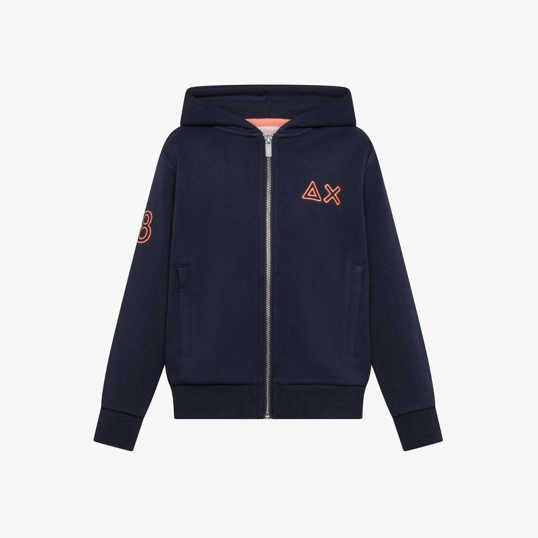 Felpa da bambino con cappuccio fullzip e ricamo logo fluo F45331KBLU SUN 68