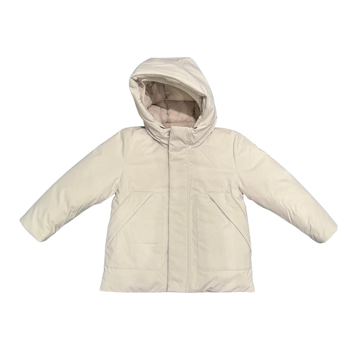 Giubbino da bambino Albi a parka in tessuto tecnico con cappuccio imbottito in ecopiuma con grado di calore alto ALBIKBEIGE SAVE THE DUCK