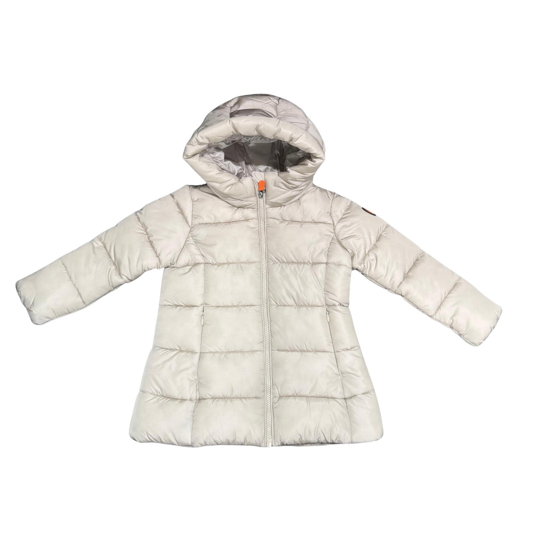 Giubbino da bambina Ginny lungo in tessuto tecnicovimbottito in ecopiuma, grado di calore caldo con cappuccio GINNYKBEIGE SAVE THE DUCK
