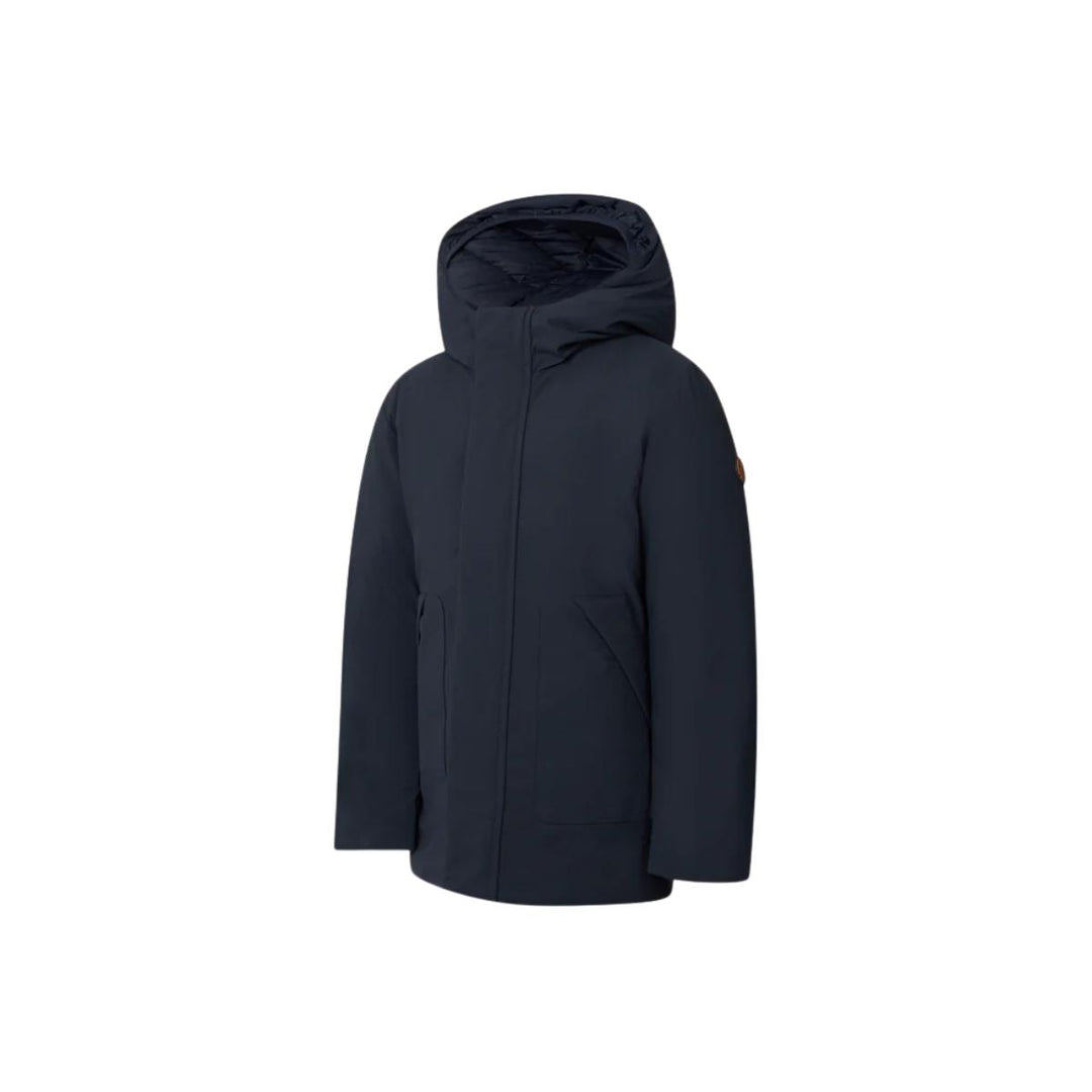 Giubbino da bambino Albi a parka in tessuto tecnico con cappuccio imbottito in ecopiuma con grado di calore alto ALBIKBLU SAVE THE DUCK