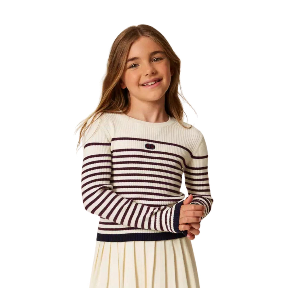 Maglia misto lana da bambina a coste con logo a righe GJ3035BIA-VIOLA TWIN-SET