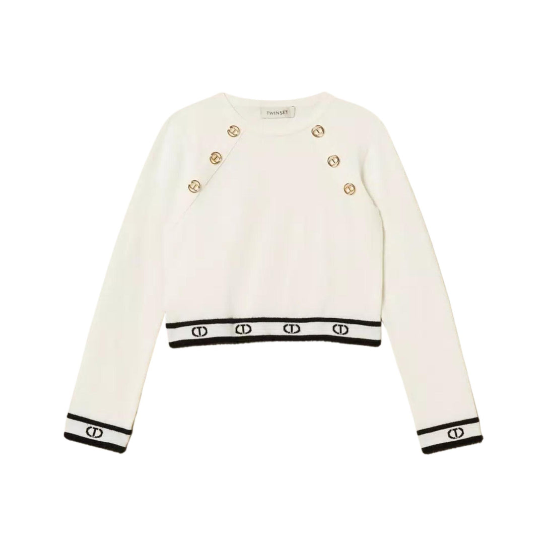 Maglia misto lana da bambina corta con elastico e logo GJ3073PANNA TWIN-SET