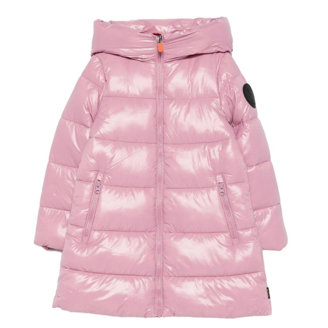 Giubbino da bambina Millie lungo in tessuto lucido tecnico imbottito in ecopiuma, grado di calore caldo con cappuccio MILLIEJROSA SAVE THE DUCK