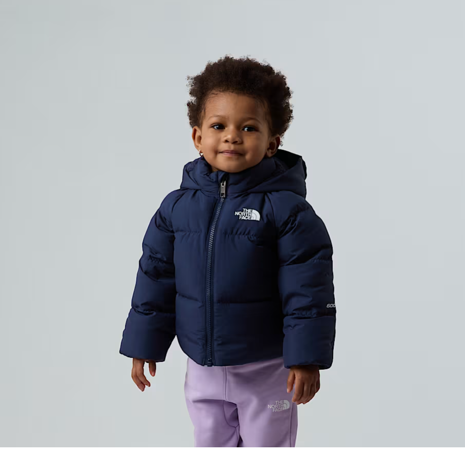 Giubbino in tessuto tecnico con imbottitura in piuma d'oca con orecchie su cappuccio NORTH DOWN BABYBLU THE NORTH FACE