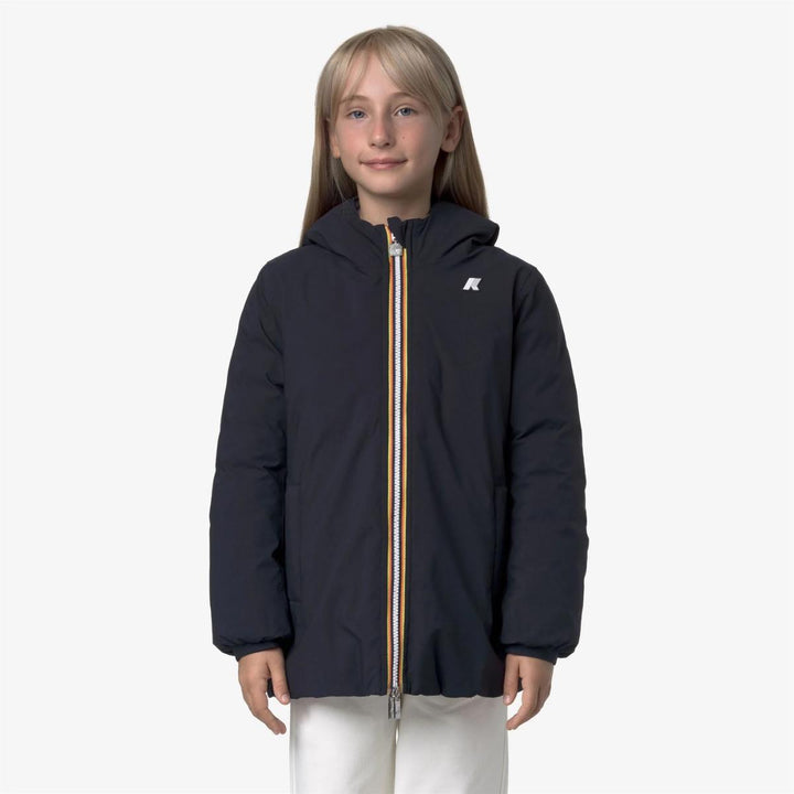 Giubbino da bambina lunghezza 3/4 Sophie thermo reversibile in tessuto tecnico con imbottitura in piuma e piumino d'anatra vestibilità comoda K5123RWKBBJ K-WAY