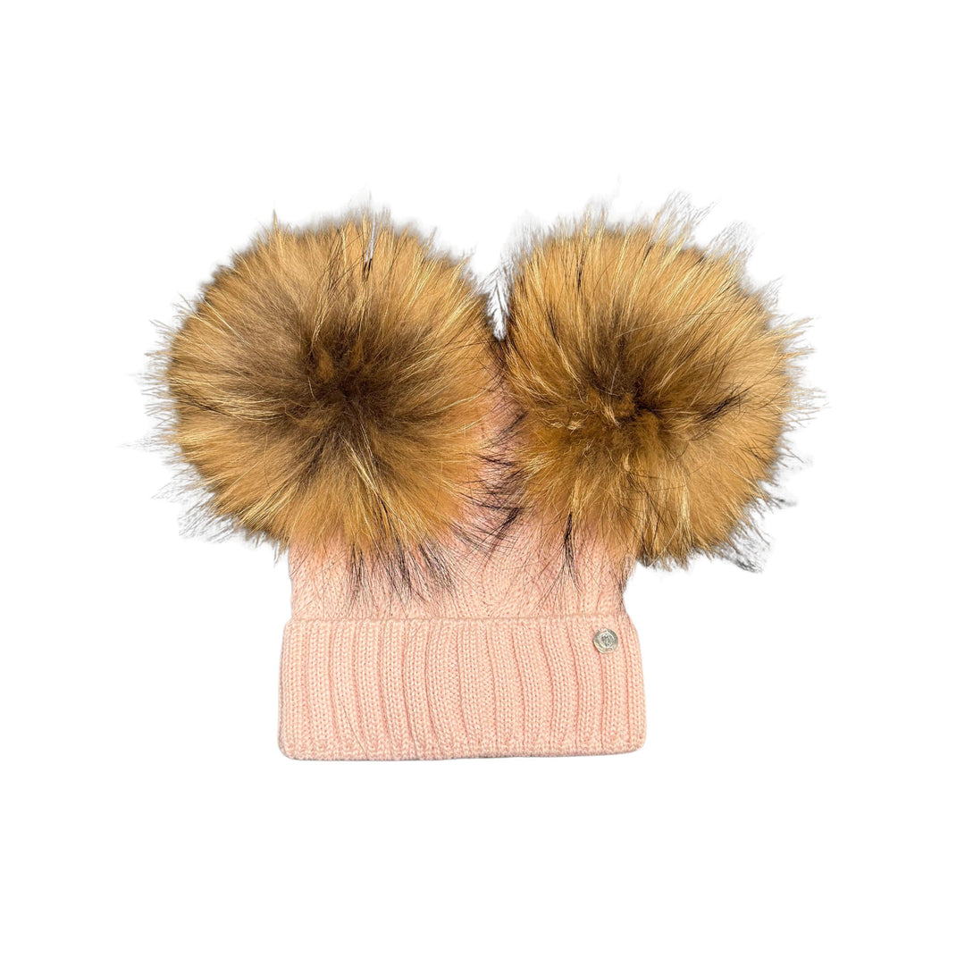 Cappello da bambini in misto lana lavorazione a trecce con doppio ponpon in pelliccia vero Marmasky CT0228A2ROSA GIO HIGUAMY