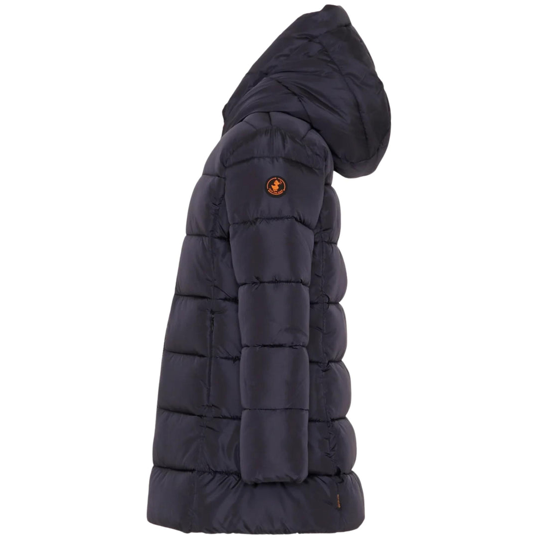 Giubbino da bambina Ginny lungo in tessuto tecnicovimbottito in ecopiuma, grado di calore caldo con cappuccio GINNYJNERO SAVE THE DUCK