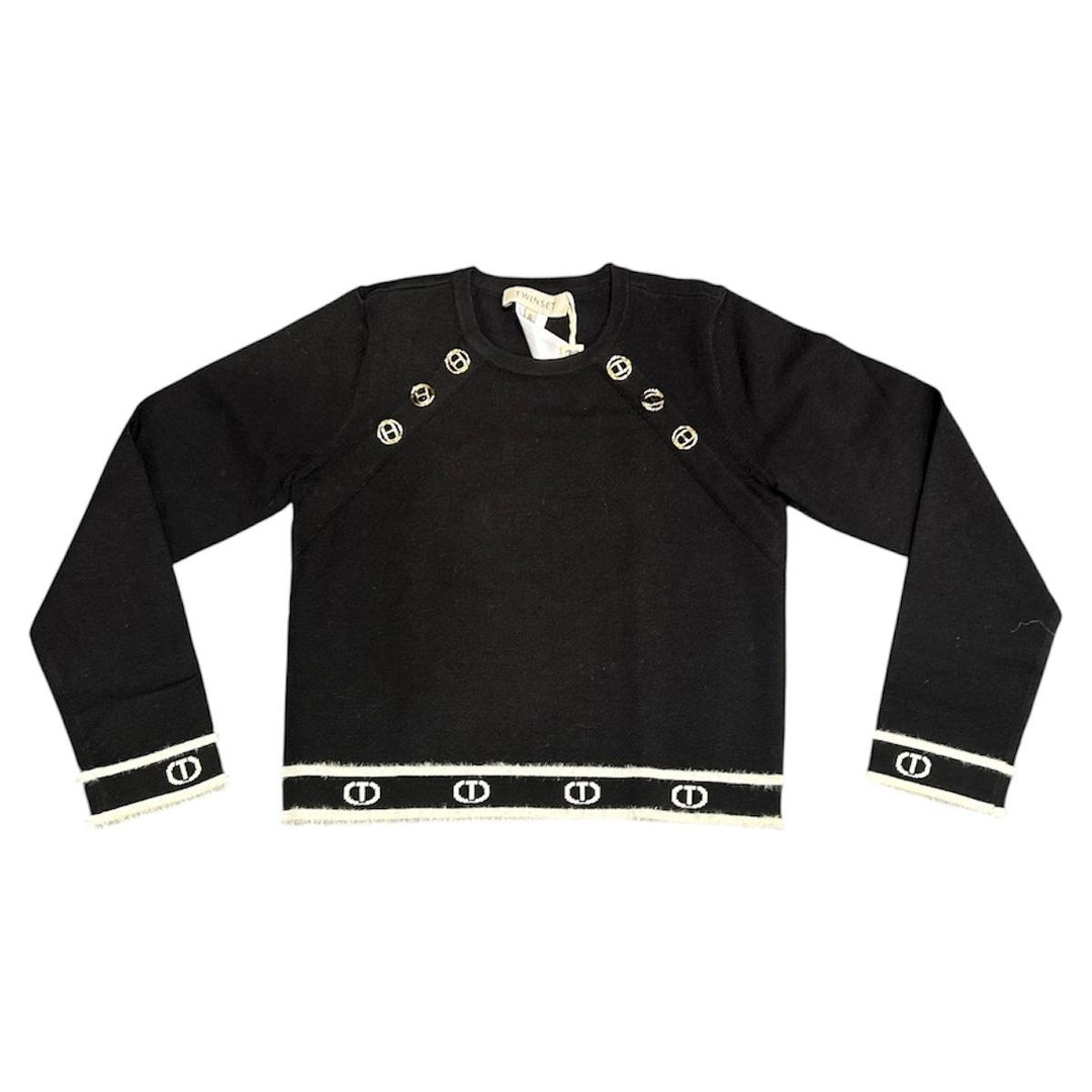 Maglia misto lana da bambina corta con elastico e logo GJ3073NERO TWIN-SET