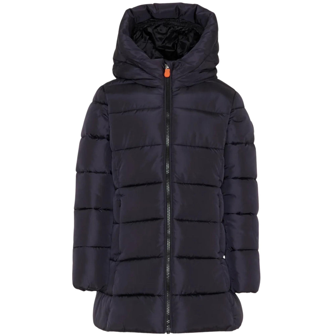 Giubbino da bambina Ginny lungo in tessuto tecnicovimbottito in ecopiuma, grado di calore caldo con cappuccio GINNYJNERO SAVE THE DUCK