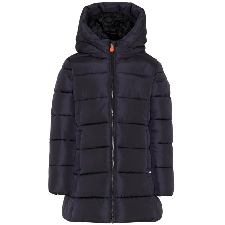 Giubbino da bambina Ginny lungo in tessuto tecnicovimbottito in ecopiuma, grado di calore caldo con cappuccio GINNYJNERO SAVE THE DUCK