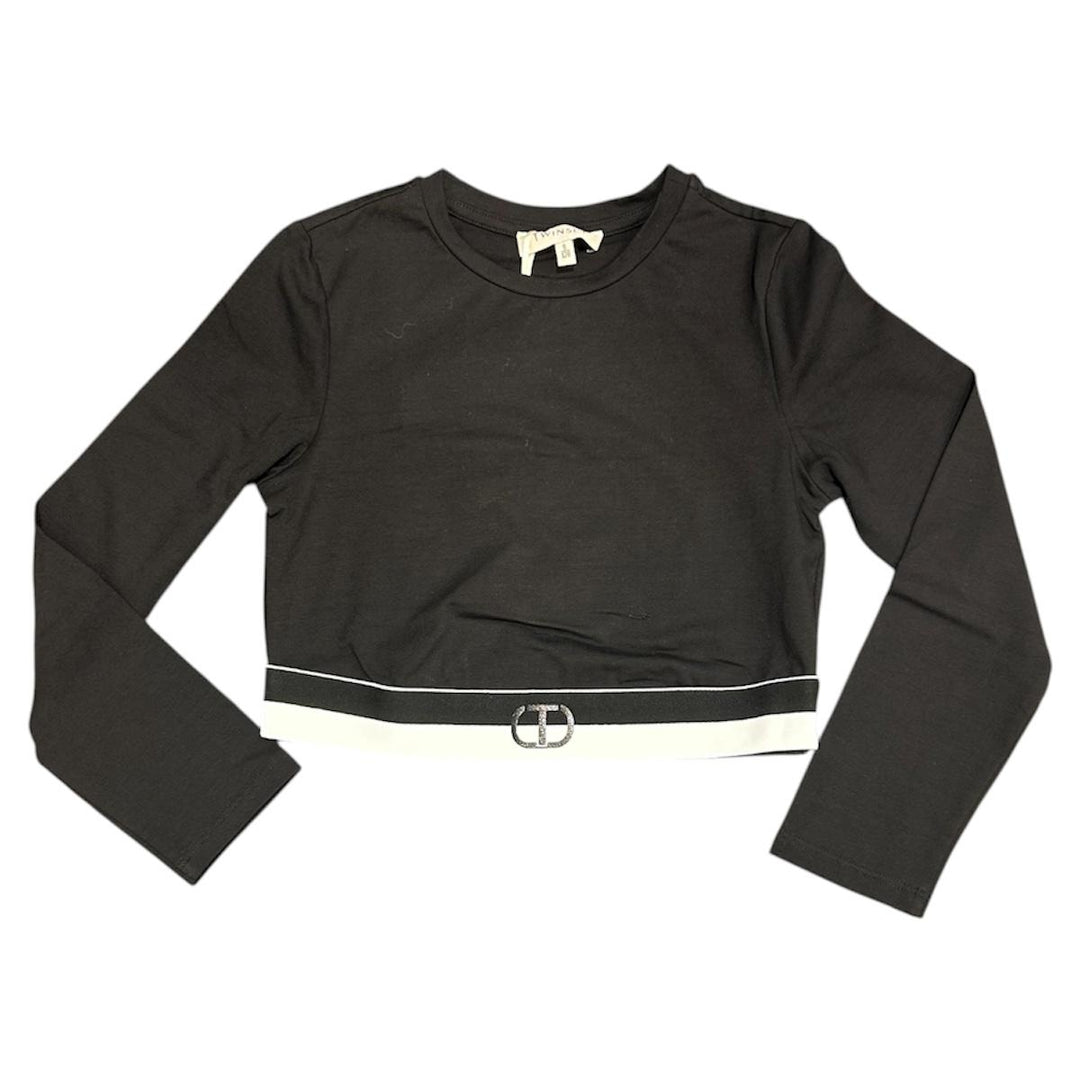 T-shirt da bambina in cotone corta con elastico e logo GJ2322NERO TWIN-SET