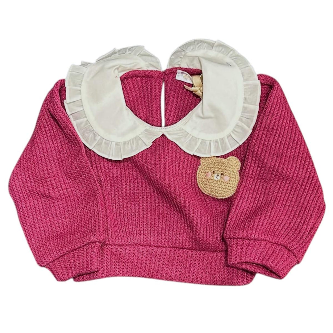 Maglia misto lana da neonata con collo camicia e applicazioni FL6695AMARANTO MELISA BAI