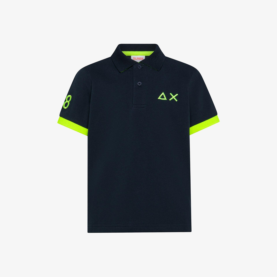 Polo da bambino in piquet di cotone elastico con profili fluo e macrologo A36321JBLU SUN 68