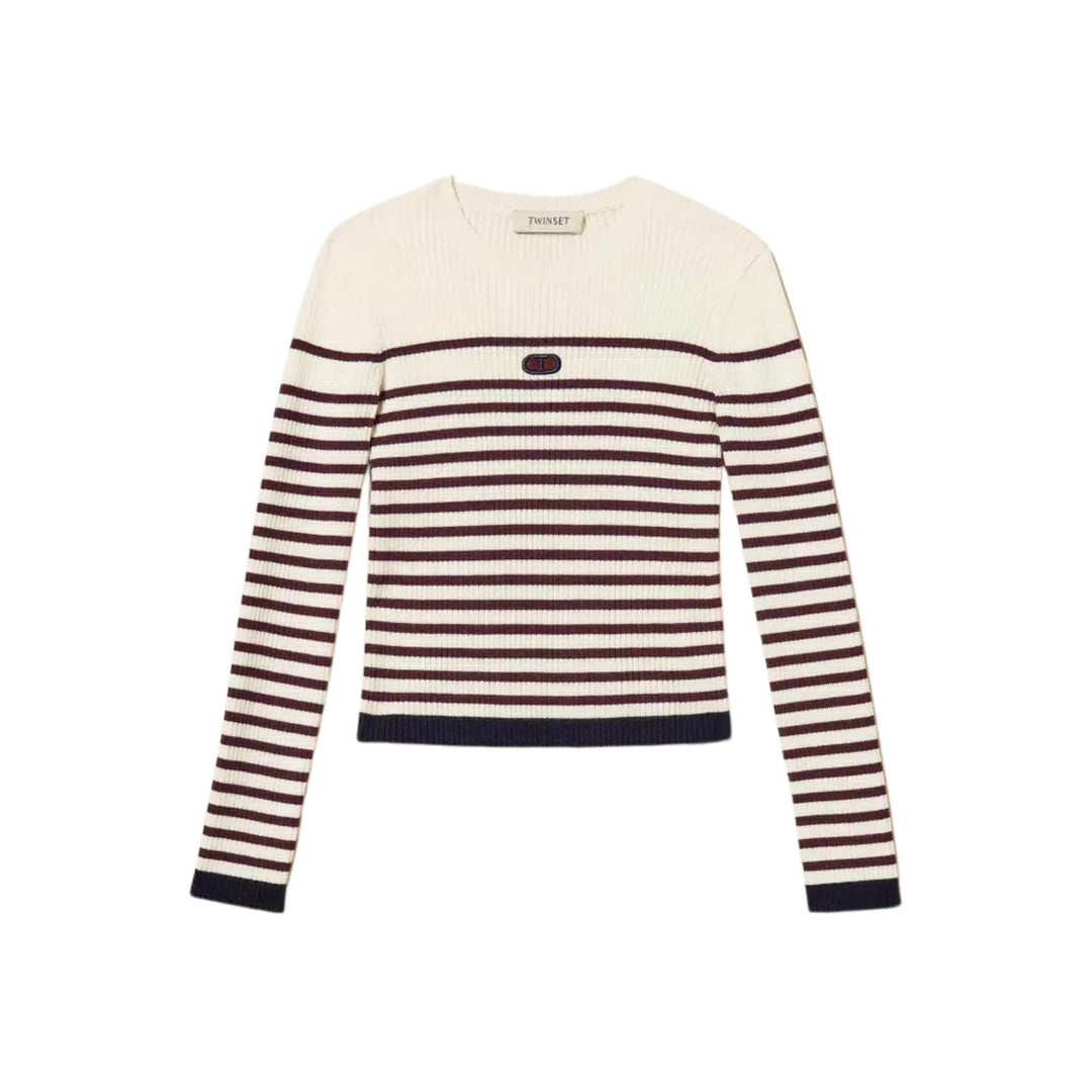 Maglia misto lana da bambina a coste con logo a righe GJ3035BIA-VIOLA TWIN-SET