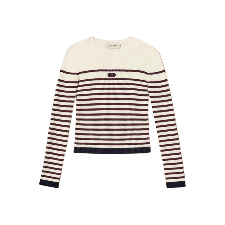 Maglia misto lana da bambina a coste con logo a righe GJ3035BIA-VIOLA TWIN-SET